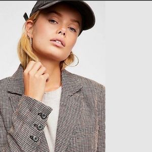 Free People Black Red Garnet Check Houndstooth Linen Chess Blazer